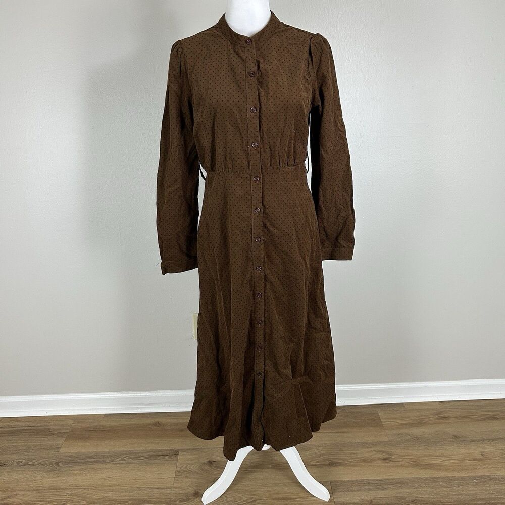 Hem & Thread M Corduory Brown Dress Midi Shirt Button Front Polka Dot Pinup